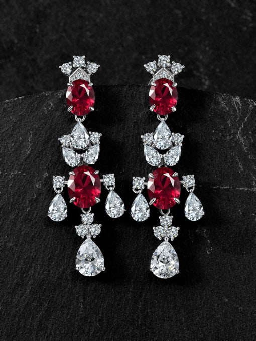 Red corundum [E 2462] 925 Sterling Silver Cubic Zirconia Oval Luxury Cluster Earring